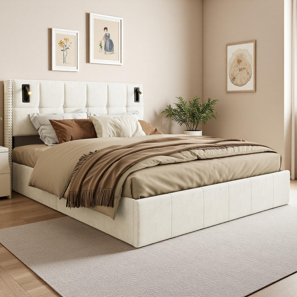 POLSTERBETT 140x200 cm USB Typ C Stauraum Lattenrost beige - Beige, Holz (140/200cm) - LEBENLANG