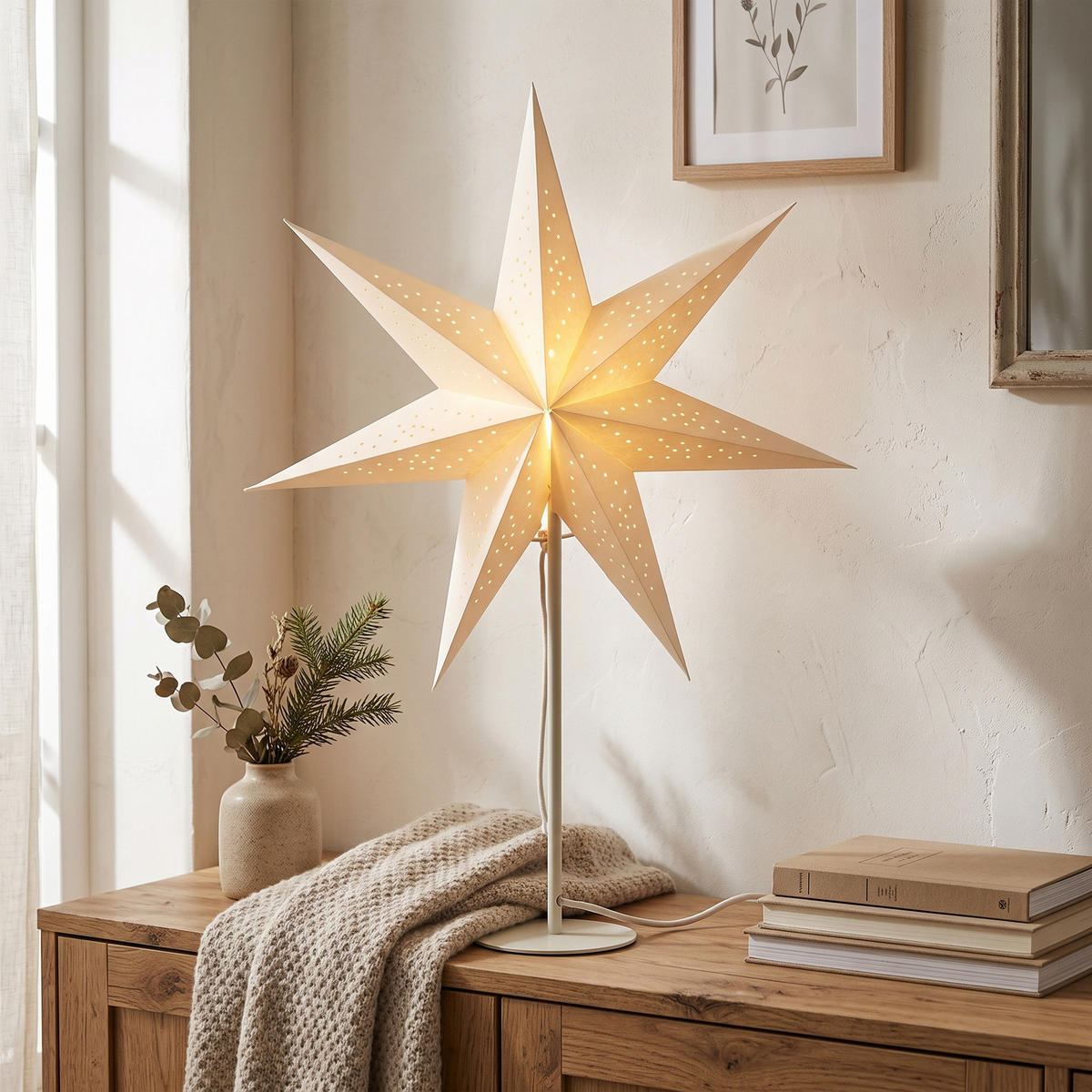 PAPIERSTERN auf Metallständer 45/45/65 cm - Weiß, Papier (45/65/45cm) - Home Styling Collection