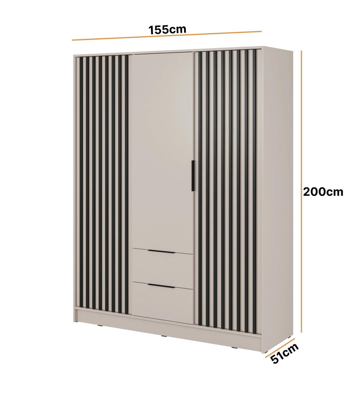KLEIDERSCHRANK Stilo in Kaschmir, dreitürig, mit Spiegel und Lamellen an der Front - Kaschmir/Schwarz, Leder/Holzwerkstoff (155/200/51cm) - Ravio