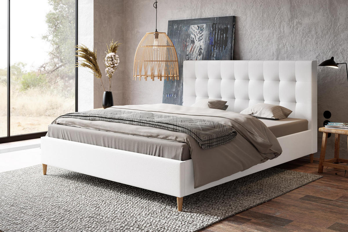 POLSTERBETT LUX Rio mit Kopfteil, 180 x 200 cm, Doppelbett mit Lattenrost aus Holz, Kunstleder Weiß, Füße in Farbe: Braun - Weiß, Holz/Textil (180/200cm) - Alpi-Möbel