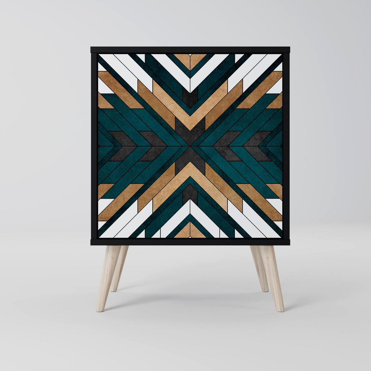 SIDEBOARD ARTISTIC GEOMETRY, Schwarz, 57,5x42x67,5 cm, Schwarze Metall-Rahmenfüße - Multicolor/Schwarz, Holzwerkstoff/Metall (57.5/67.5/42cm) - SpaceRebels