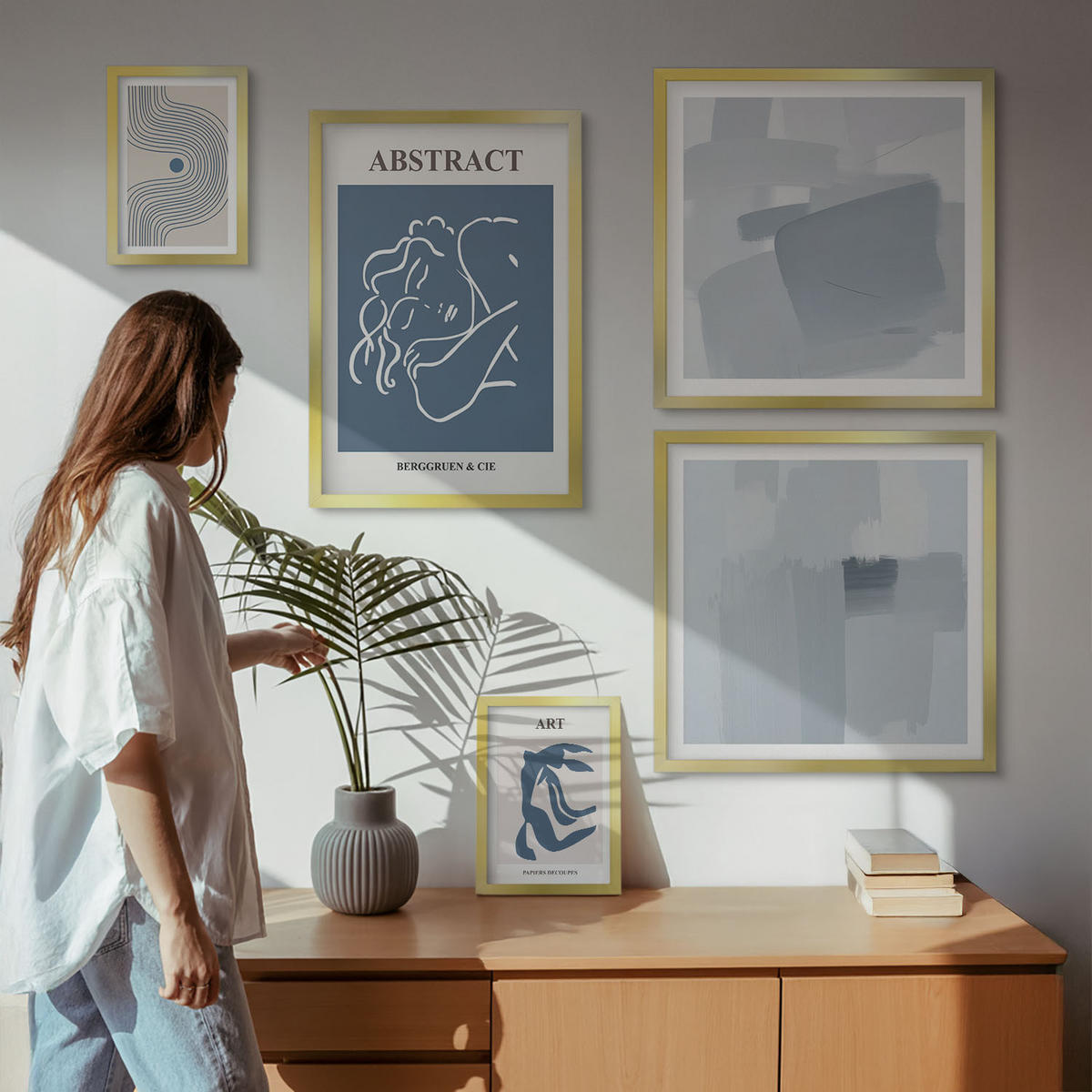 WANDBILDER 5er Set - 50x50 cm & 20x30 cm & 40x60 cm Goldrahmen - Poster mit abstrakten Linien und Wellen - Goldfarben, Kunststoff (40/60cm) - ArtPrintCave
