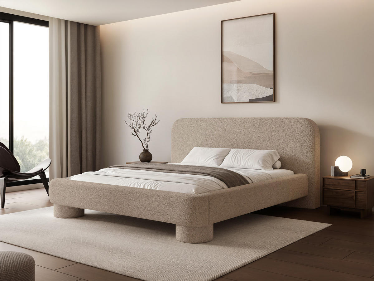 POLSTERBETT Frederico 140x200 cm Beige Bouclé – (Doppelbett mit Bettkasten, Lattenrost, rundes Kopfteil) - Beige, Holz/Holzwerkstoff (140/200cm) - Ravio