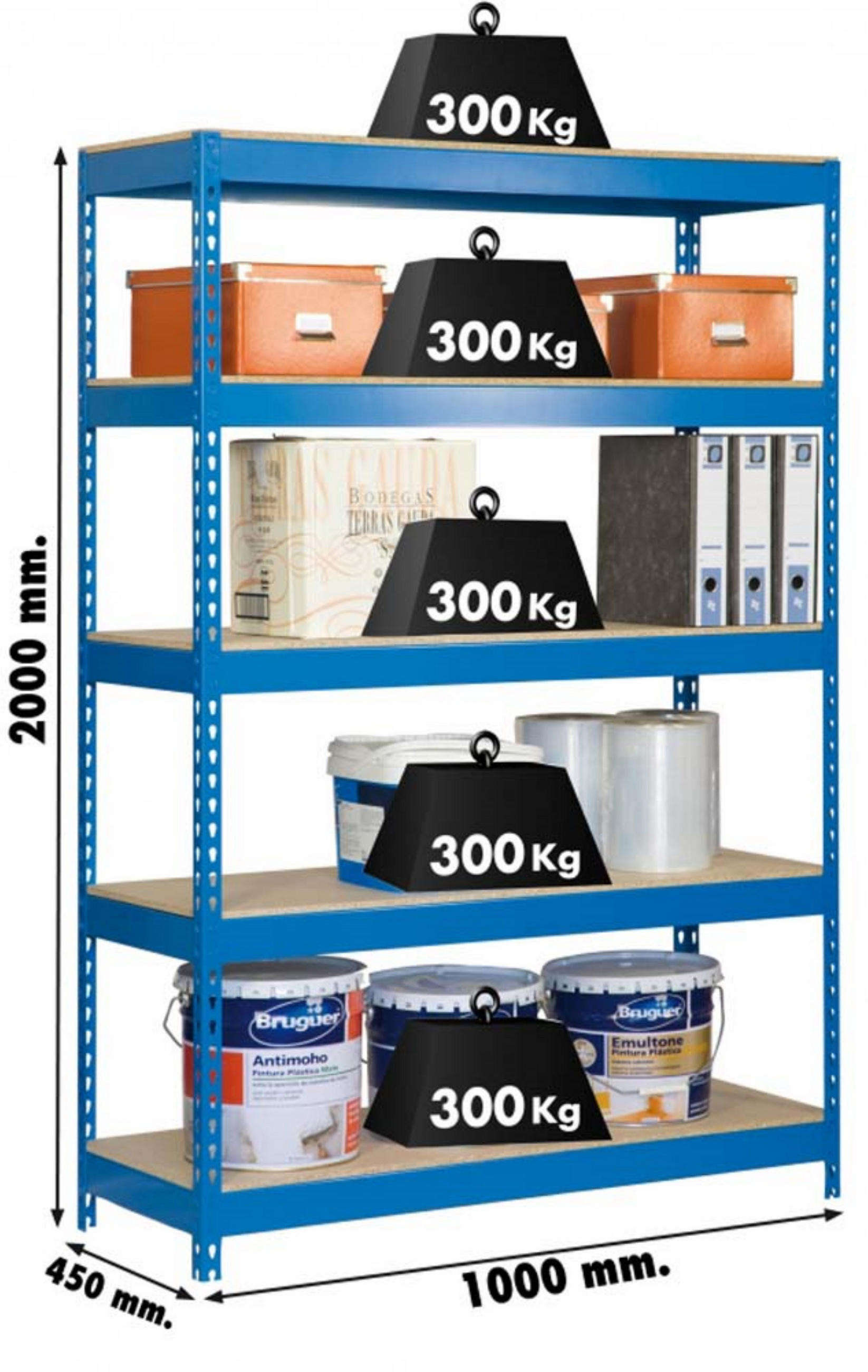 SCHWERLASTREGAL WOOD YETI LIGHT FIVE | HxBxT 200x100x45cm | Fachlast 300kg | Blau - Blau, Metall (100/200/45cm) - PROREGAL