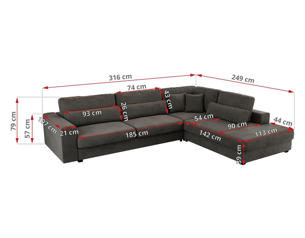ECKSOFA Savona Dunkelgrau Velvet - links - Dunkelgrau/Schwarz, Kunststoff/Textil (316/249cm) - MKS