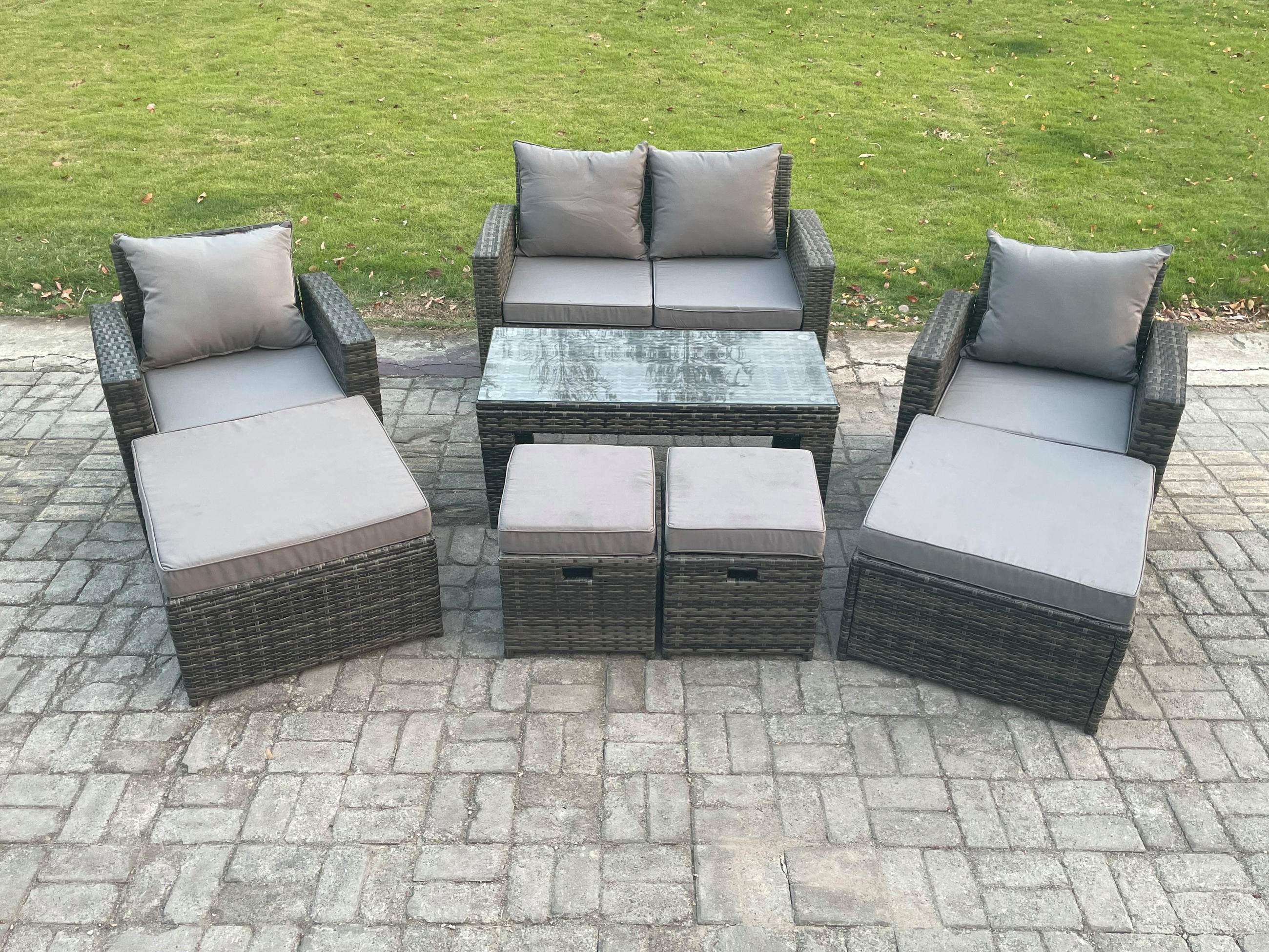 GARTENMÖBEL-SET mit Kissen Polyrattan Dunkelgrau 8-Sitzer - Dunkelgrau, Metall - Fimous