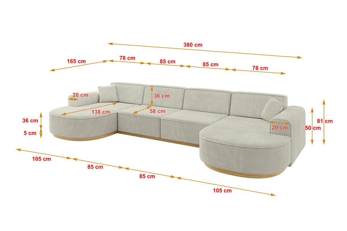 WOHNLANDSCHAFT MARI-U2-v2 - 388x171x83 cm Creme Cord - Hellgrau/Creme, Holzwerkstoff/Textil (388/83/171cm) - ALTDECOR