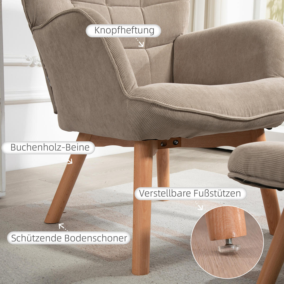 OHRENSESSEL mit Hocker, Relaxsessel, Polstersessel in Cord-Optik, mit Holzbeine - Hellbraun/Naturfarben, Buchenholz/Textil (72/101/80cm) - HOMCOM