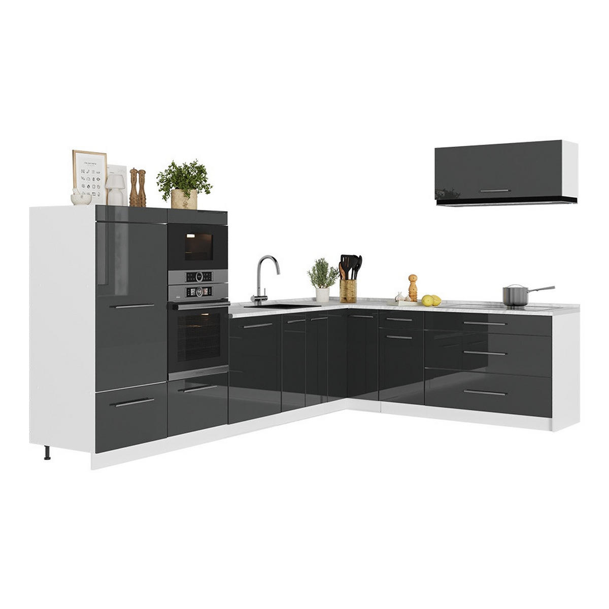 KUHINJA U OBLIKU SLOVA L Fame-Line, Antracit visokog sjaja/Bijela, 327 x 227 cm bez radne ploče - bijela/crna visoki sjaj, drvni materijal (327/153.6/51.6cm) - Vicco