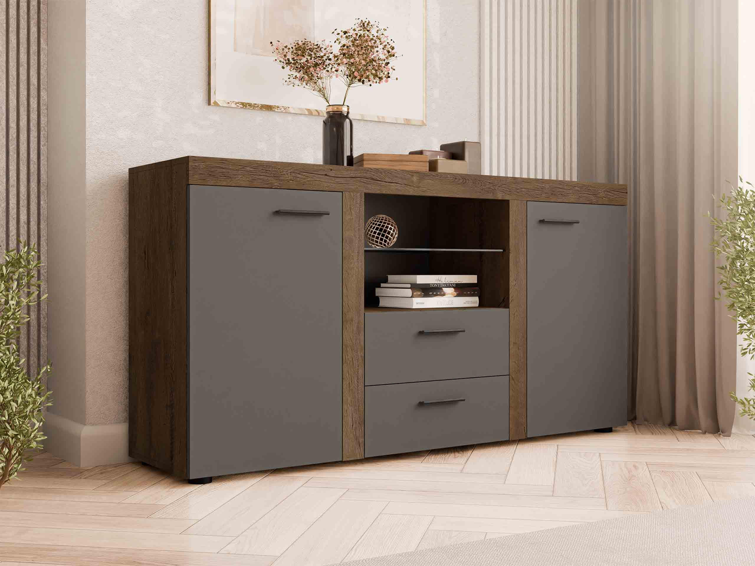 KOMMODE Rumba - Eichefarben/Graphitfarben, Holzwerkstoff (156/82/40cm) - MIRJAN24