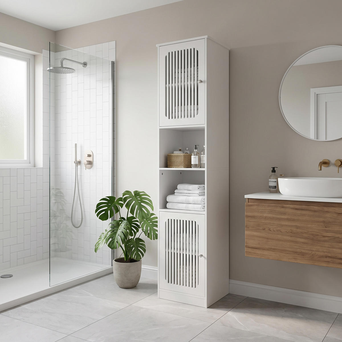 BADEZIMMERSCHRANK Hochschrank Weiß mit Lamellentüren & verstellbaren Böden - Weiß, Holzwerkstoff (36/163/30cm) - Urban Meuble
