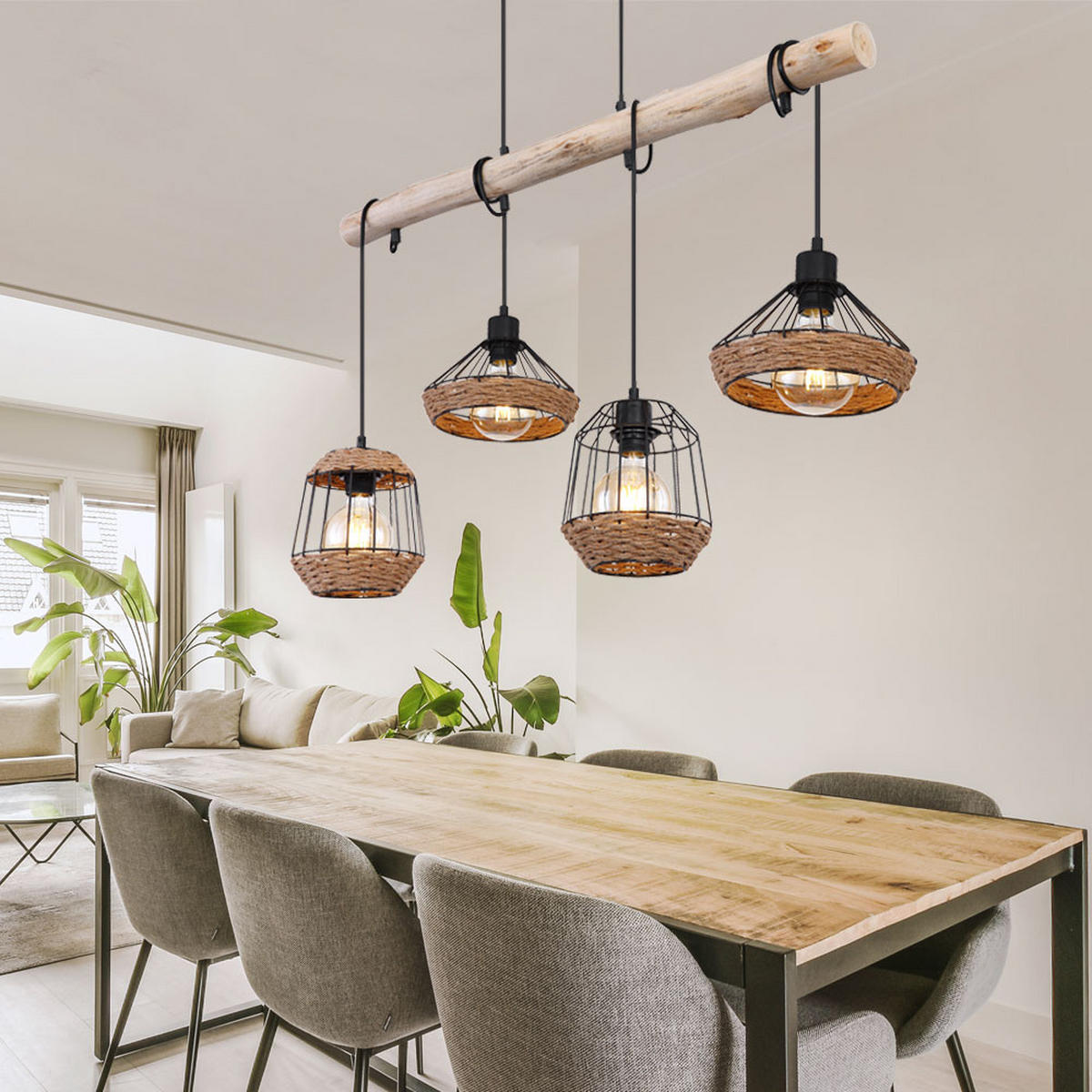 LED HÄNGELEUCHTE Hanfseil Braun Schwarz - Braun, Holz (105/21/120cm) - Globo Lighting