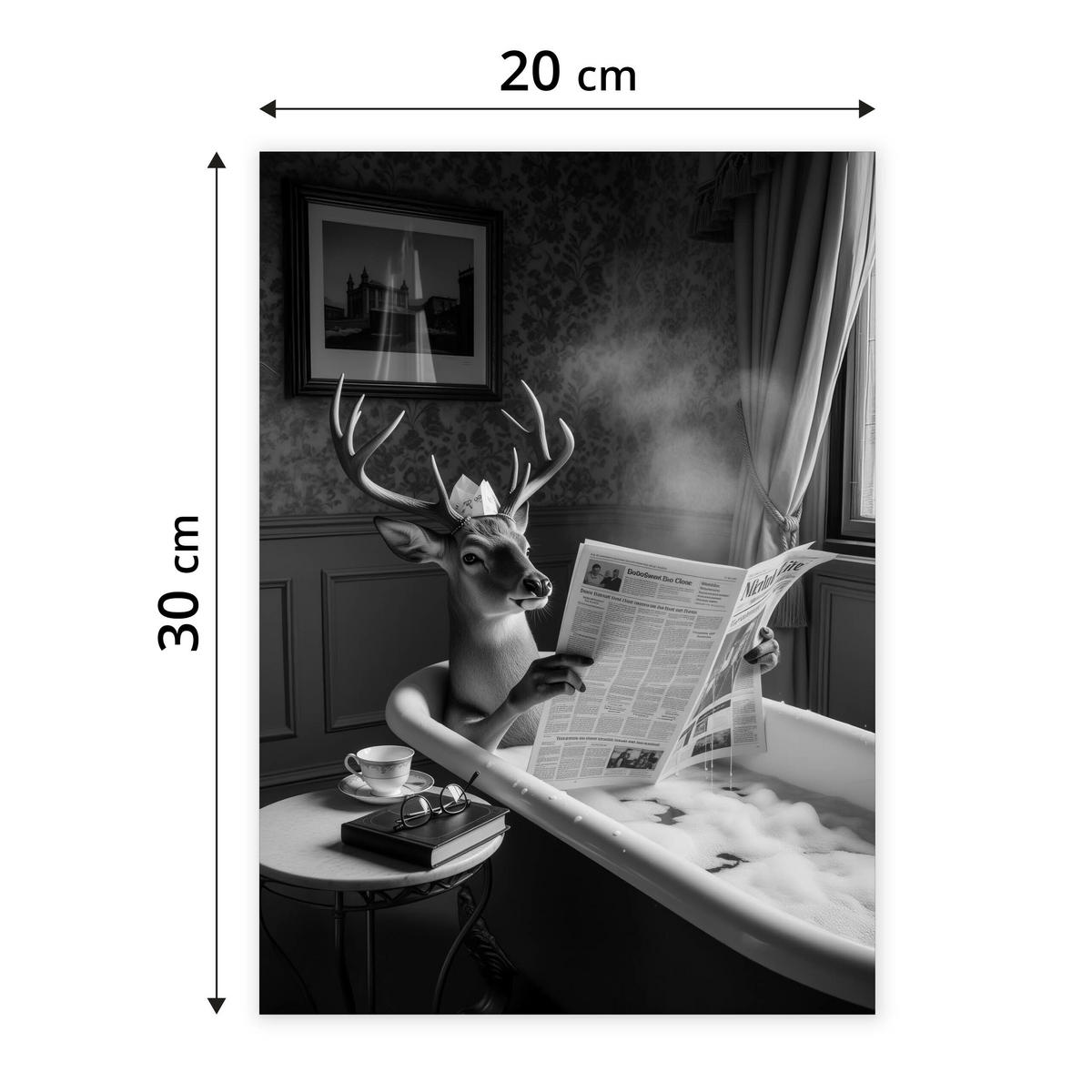 POSTER für Badezimmer WC Rehe HIRSCH in Badewanne Zeitung Abstraktion 20x30cm - Schwarz/Weiß, Papier (20/30/1cm) - Muralo