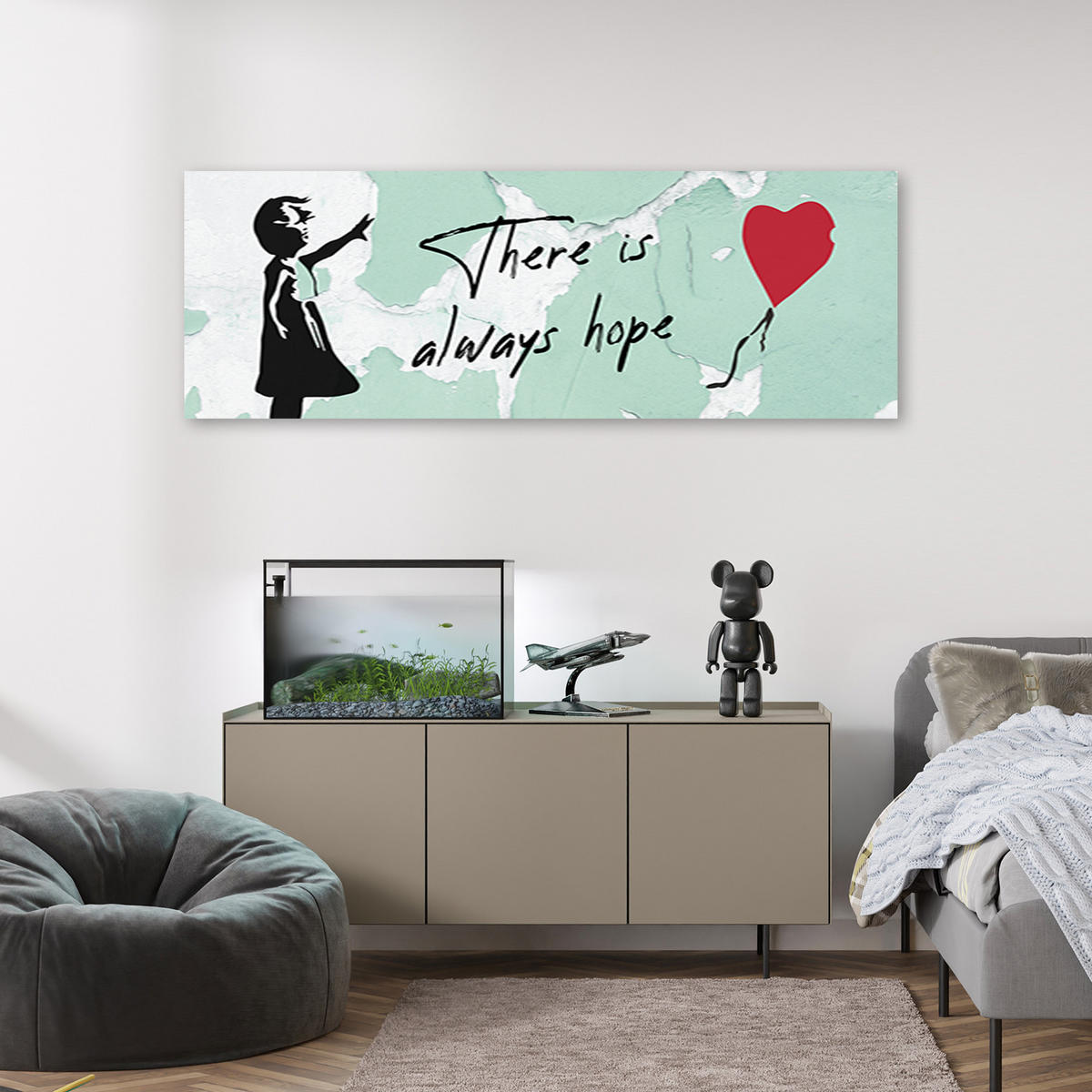 WANDBILD banksy girl mit luftballon - Türkis, Textil (90/30cm) - Feeby