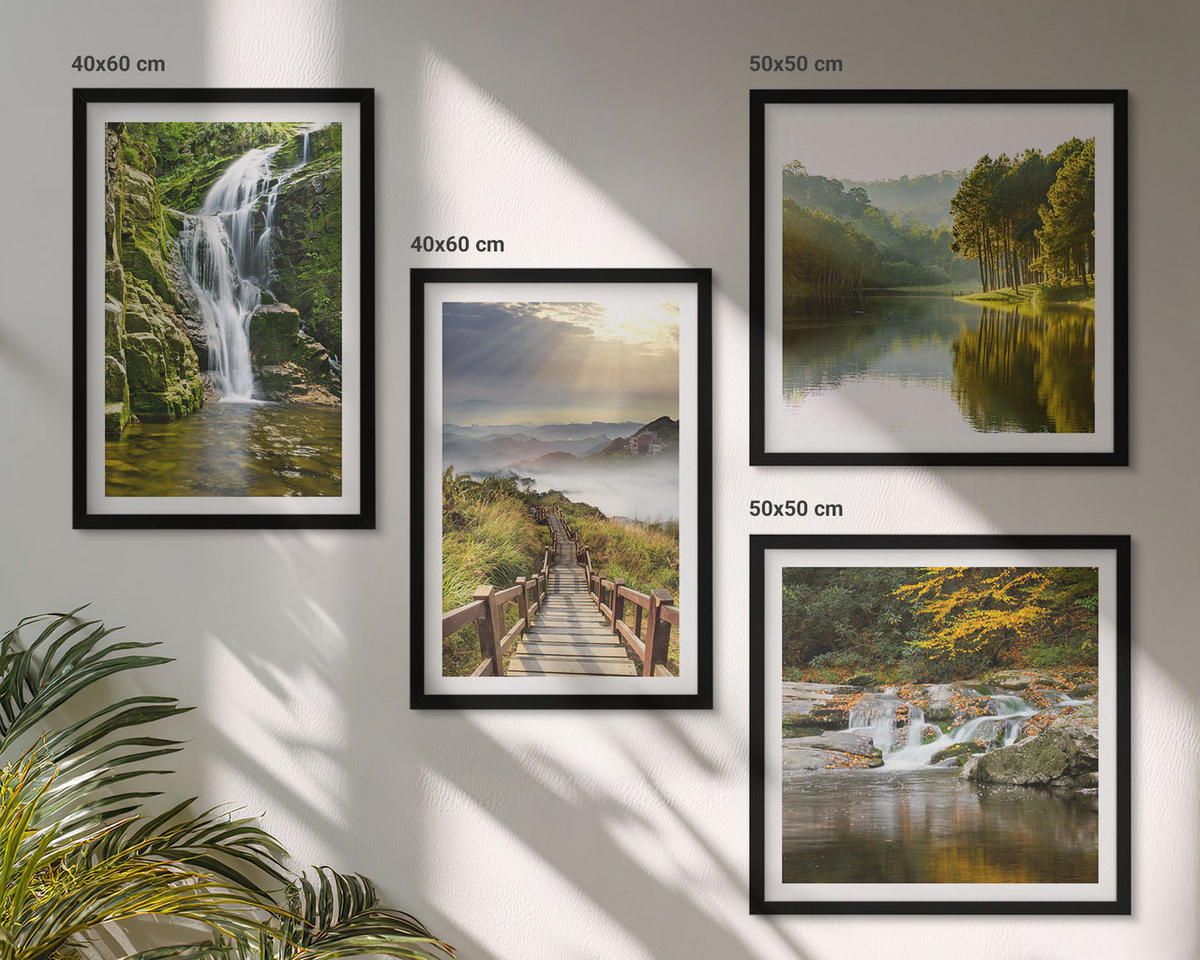 BILDER SET 4er Set - 50x50 cm & 40x60 cm Schwarzer Rahmen - Wasserfälle, Berge, Wolken, Herbst - Schwarz, Kunststoff (50/50cm) - TULUP