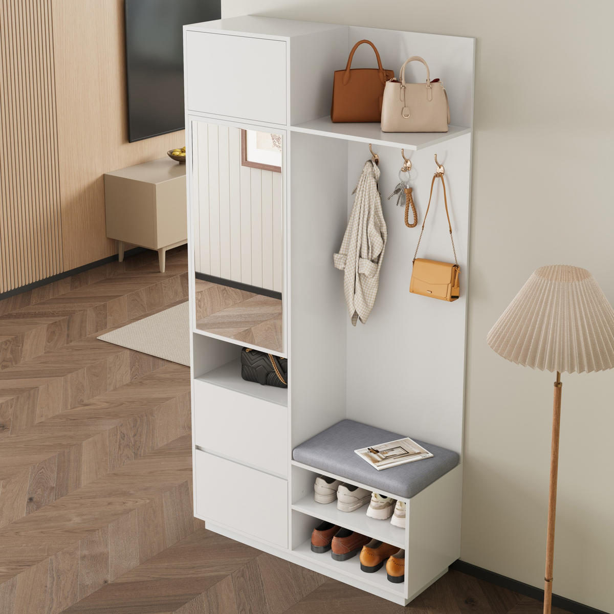 GARDEROBE Spiegel Sitzbank Schuhschrank - Weiß, Holz (90/190/34.5cm) - Fortuna Lai