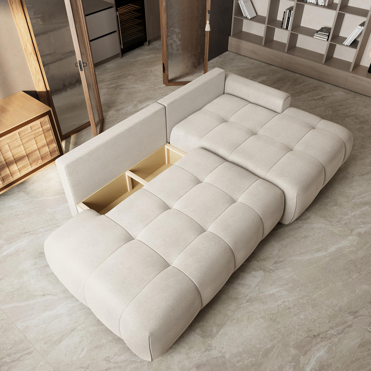 ECKSOFA FLUMA CL R-S Creme Samtstoff mit Schlaffunktion - Creme, Holzwerkstoff/Textil (279/158cm) - MASSENO