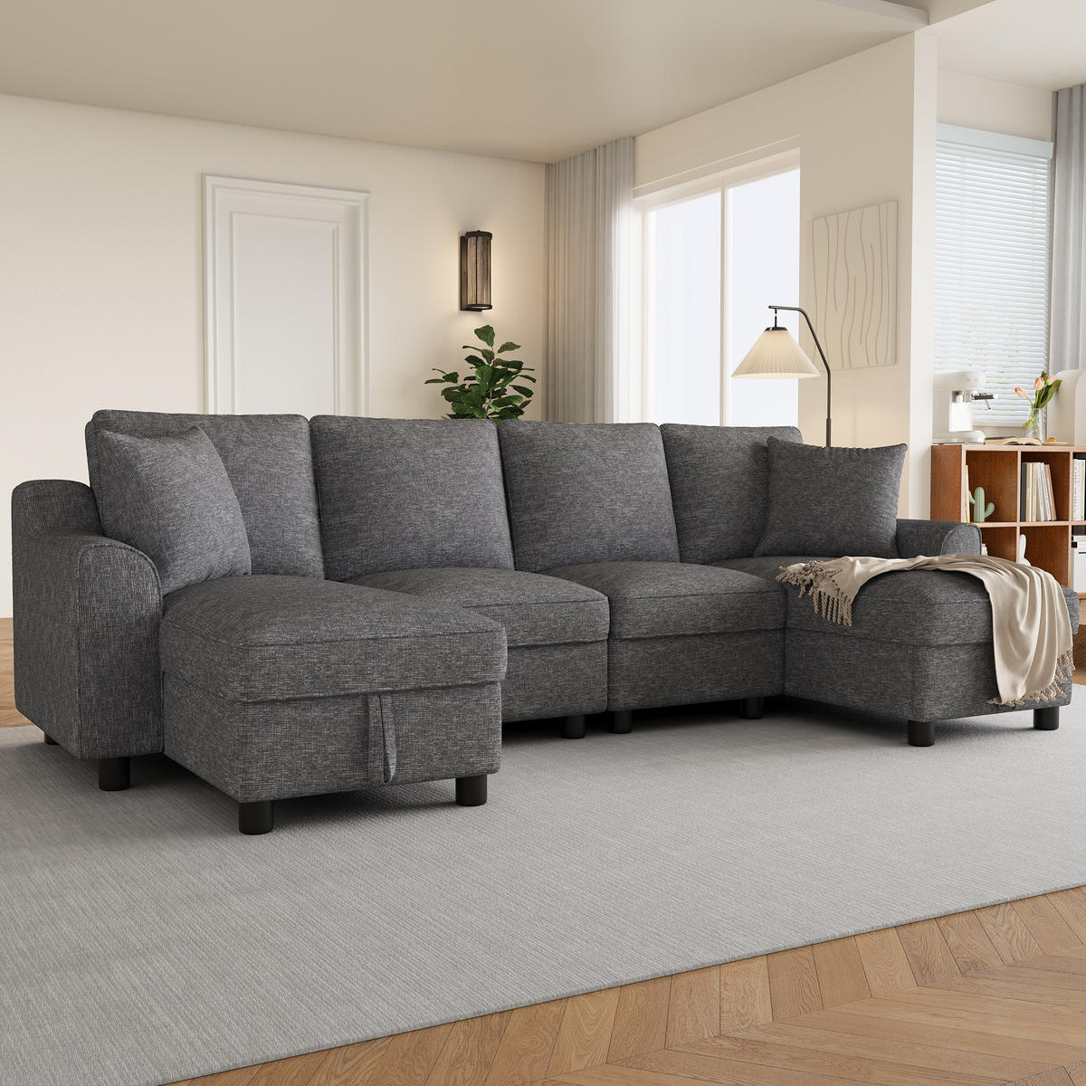WOHNLANDSCHAFT Chenille Grau mit Stauraum und mit Kissen - Grau, Holzwerkstoff/Kunststoff (280/84/173cm) - WISHDOR