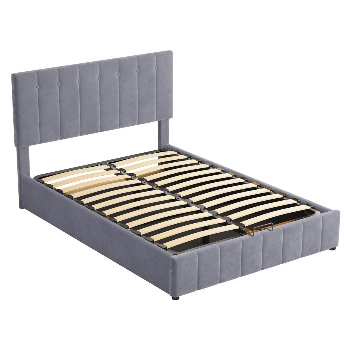 ČALÚNENÁ posteľ z MDF, kovu a zamatu 203x140x106 cm sivá s hydraulickým úložným priestorom a lamelovým roštom - sivá, textil (140/200cm) - Modfu