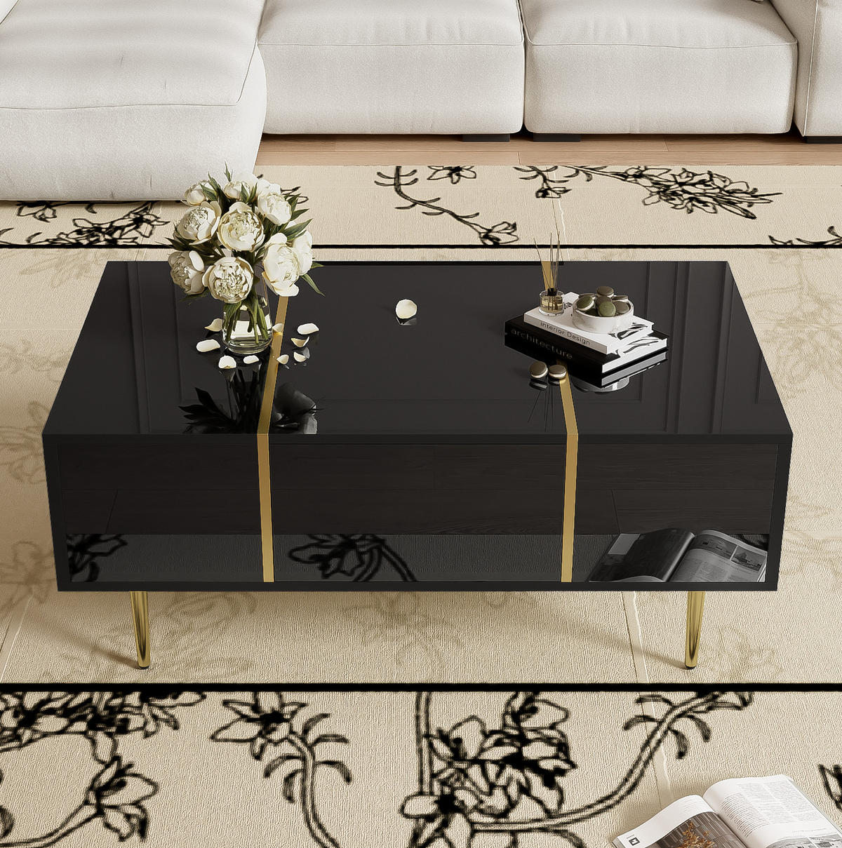 COUCHTISCH aus MDF 100x60x41,5 cm Schwarz Hochglanz mit 2 Schubladen - Schwarz, Holzwerkstoff (100/60/41.5cm) - IVMEU