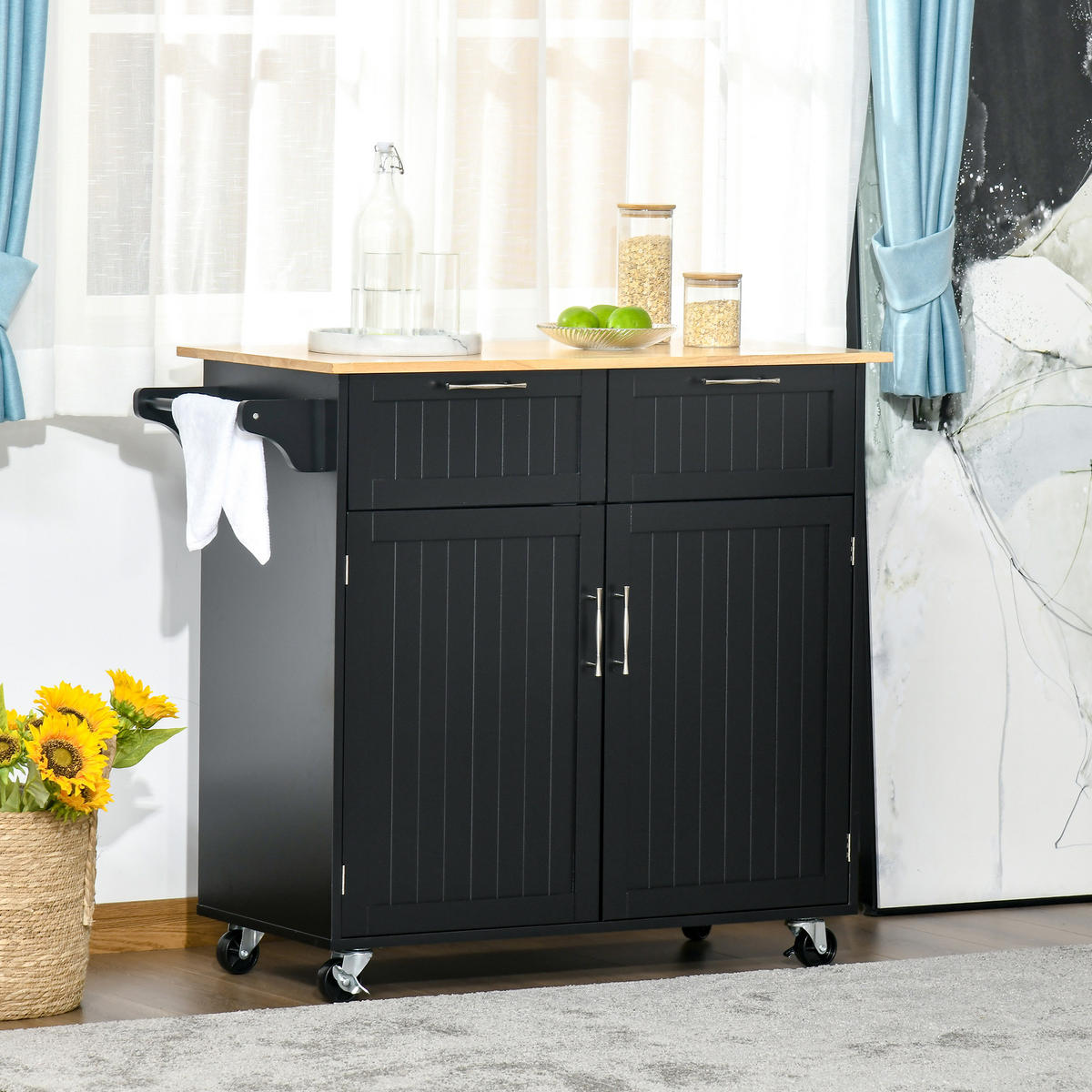 KÜCHENWAGEN, Mehrzweck, 2 Schubladen, Schrank, 4 Rollen, schwarz, 104x46x91cm - Multicolor, Metall (104/91/46cm) - FORIOUS
