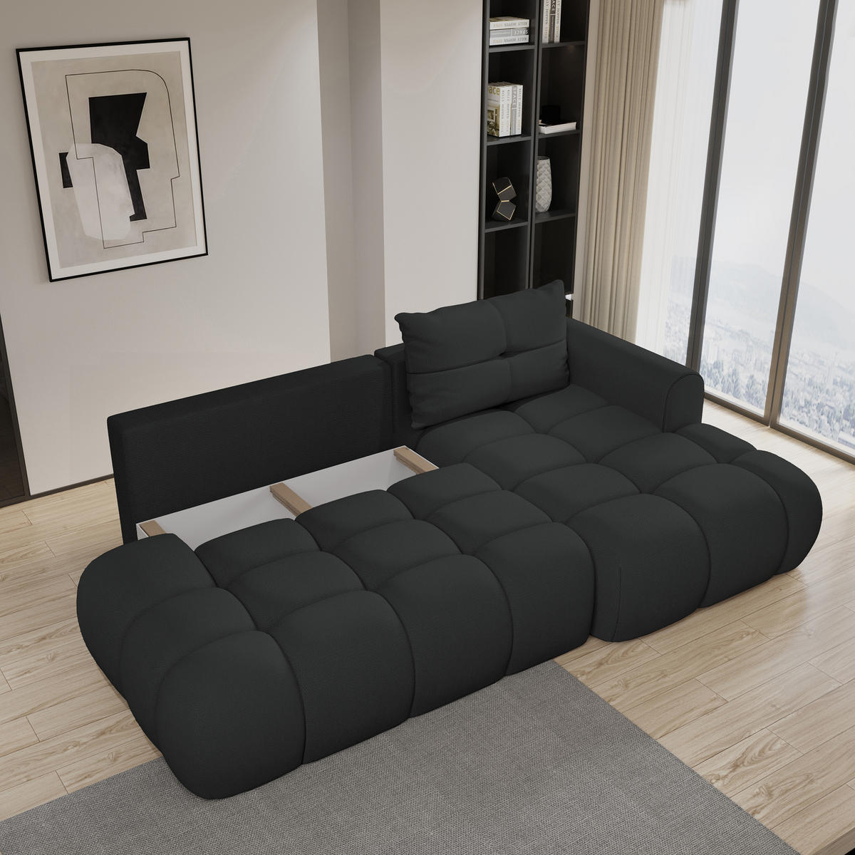 ECKSOFA FLUMA R-S Schwarz Geflochtener Stoff mit Schlaffunktion - Schwarz, Holz (274/165cm) - MASSENO