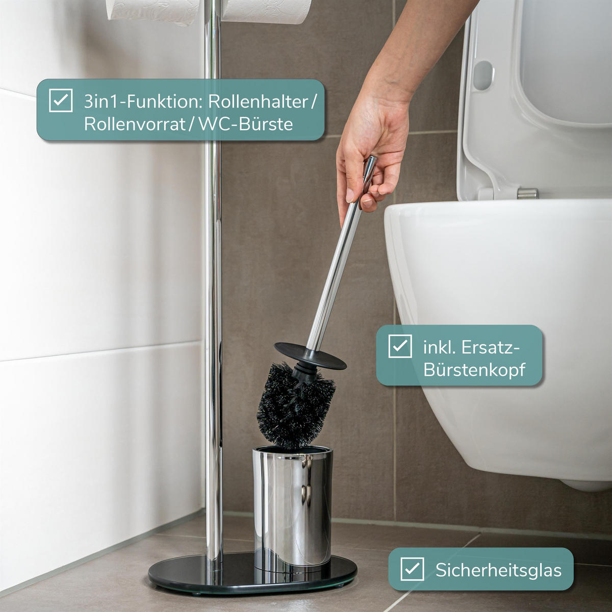 STAND-WC-GARNITUR, schwarz, Edelstahl - Schwarz, Metall (28.5/72.5/12cm) - bremermann