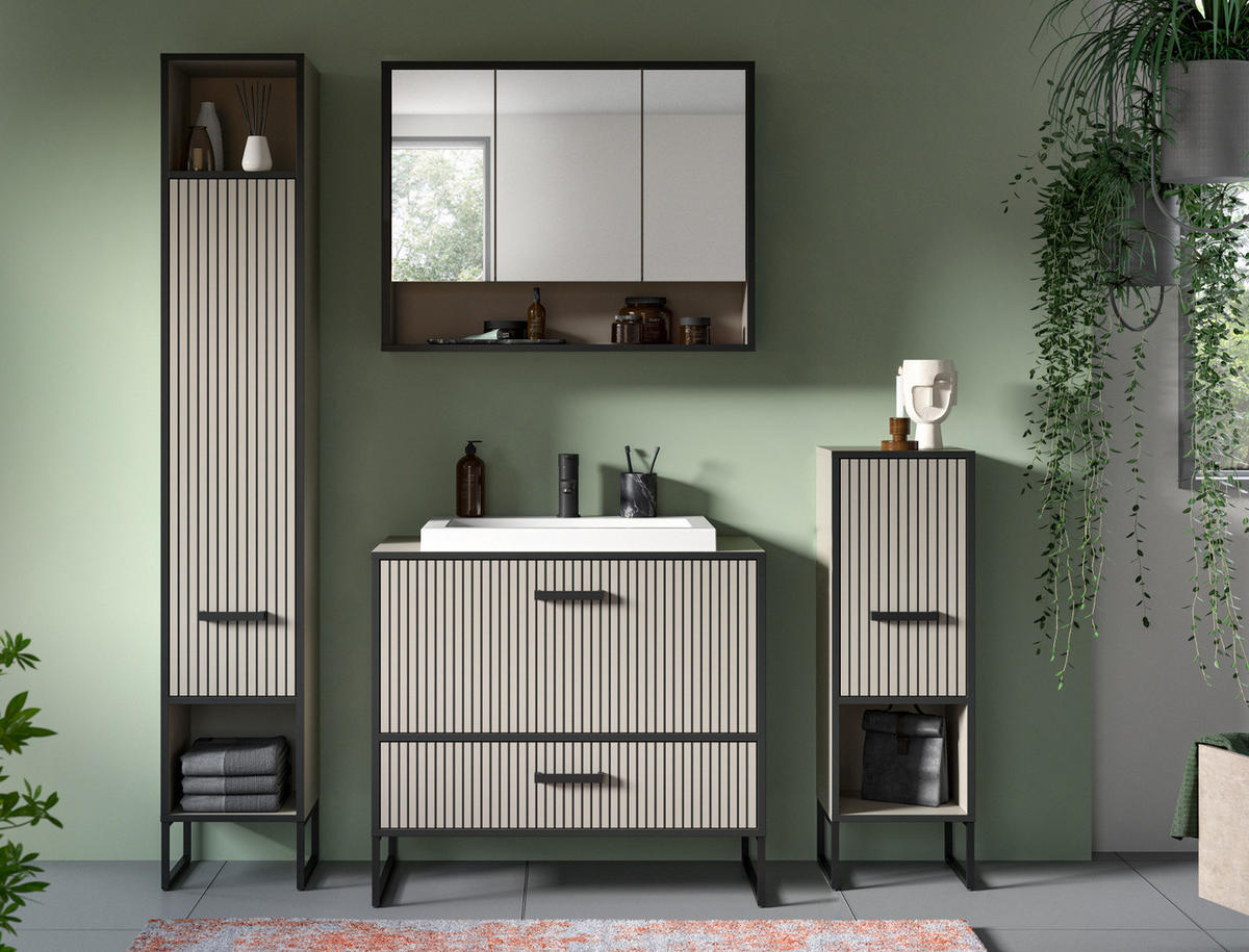 HOCHSCHRANK schwarz, sand 30 cm, Badschrank mit Soft-Close - Sandfarben/Schwarz, Holzwerkstoff/Metall (30/192/32cm) - Inn.Furn