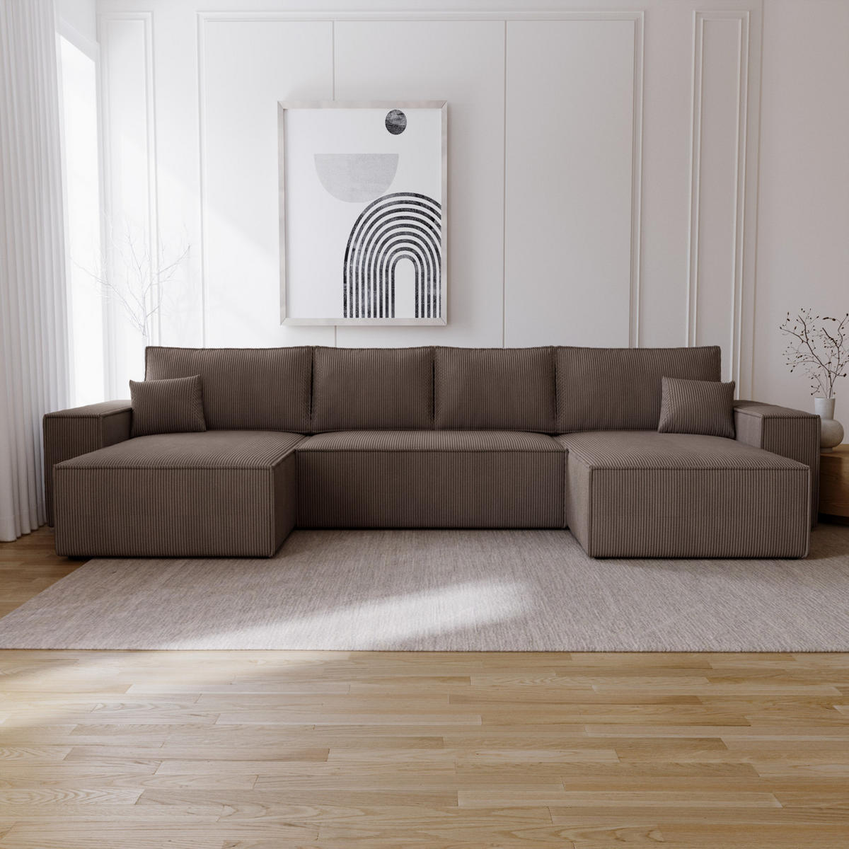 ECKSOFA U 380 cm Bergamo mit Schlaffunktion, Cordstoff, Braun - Braun, Holz (377/189cm) - Emporius