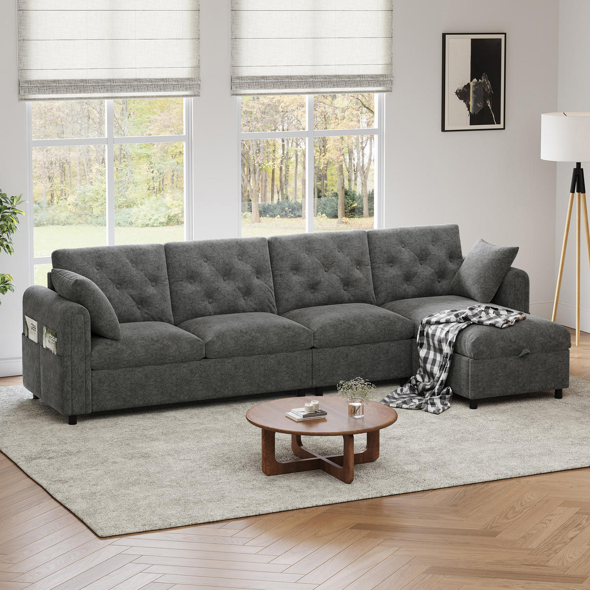 SOFA Grau L-Form Samt Stauraum Armlehne 281cm Knopfheftung - Grau, Textil (132/86/281cm) - FLIEKS