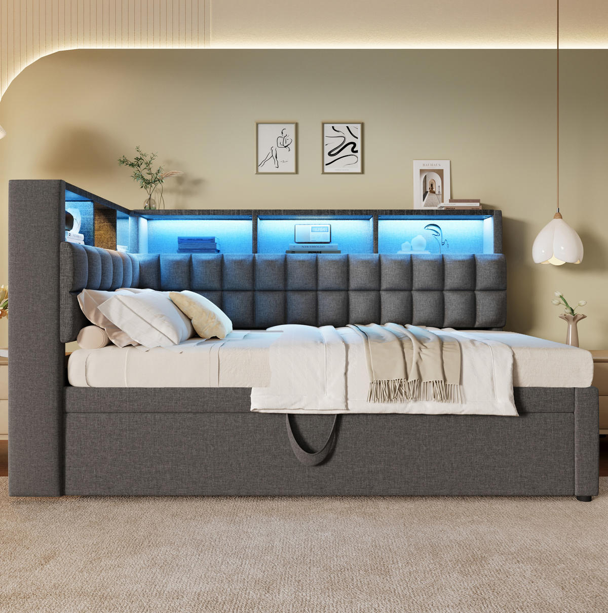 POLSTERBETT 90/180x200 cm in Grau mit LED-Beleuchtung und USB- und Type-C-Anschlüssen - Grau, Textil (90/200cm) - Flora Grace