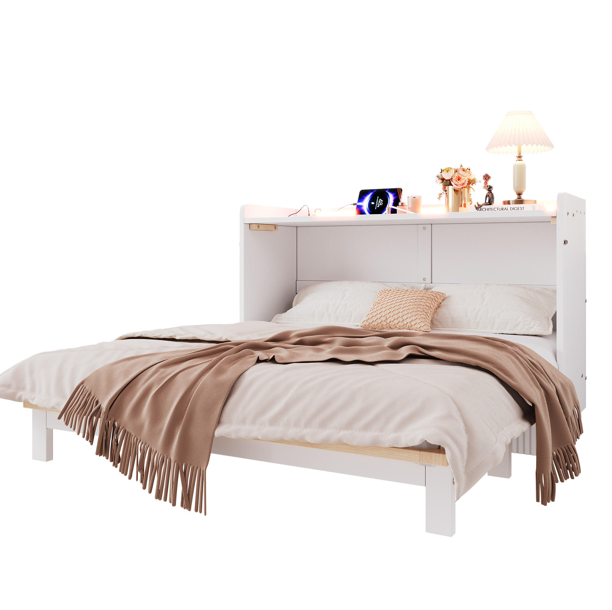 BETT 140/200 cm Weiß mit LED-Beleuchtung und USB-Anschluss - Weiß, Holzwerkstoff (140/200cm) - Flora Grace