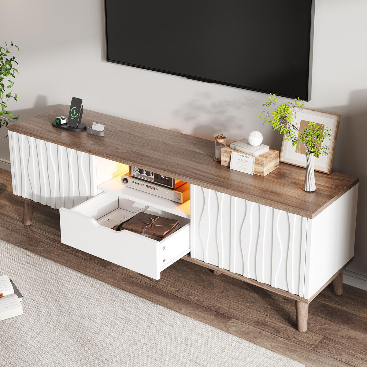 TV-ELEMENT 160/40/52 cm Weiß + Dunkles Walnuss mit 1 Schublade und Schiebetür - Weiß, Holz (160/52/40cm) - Oxeza