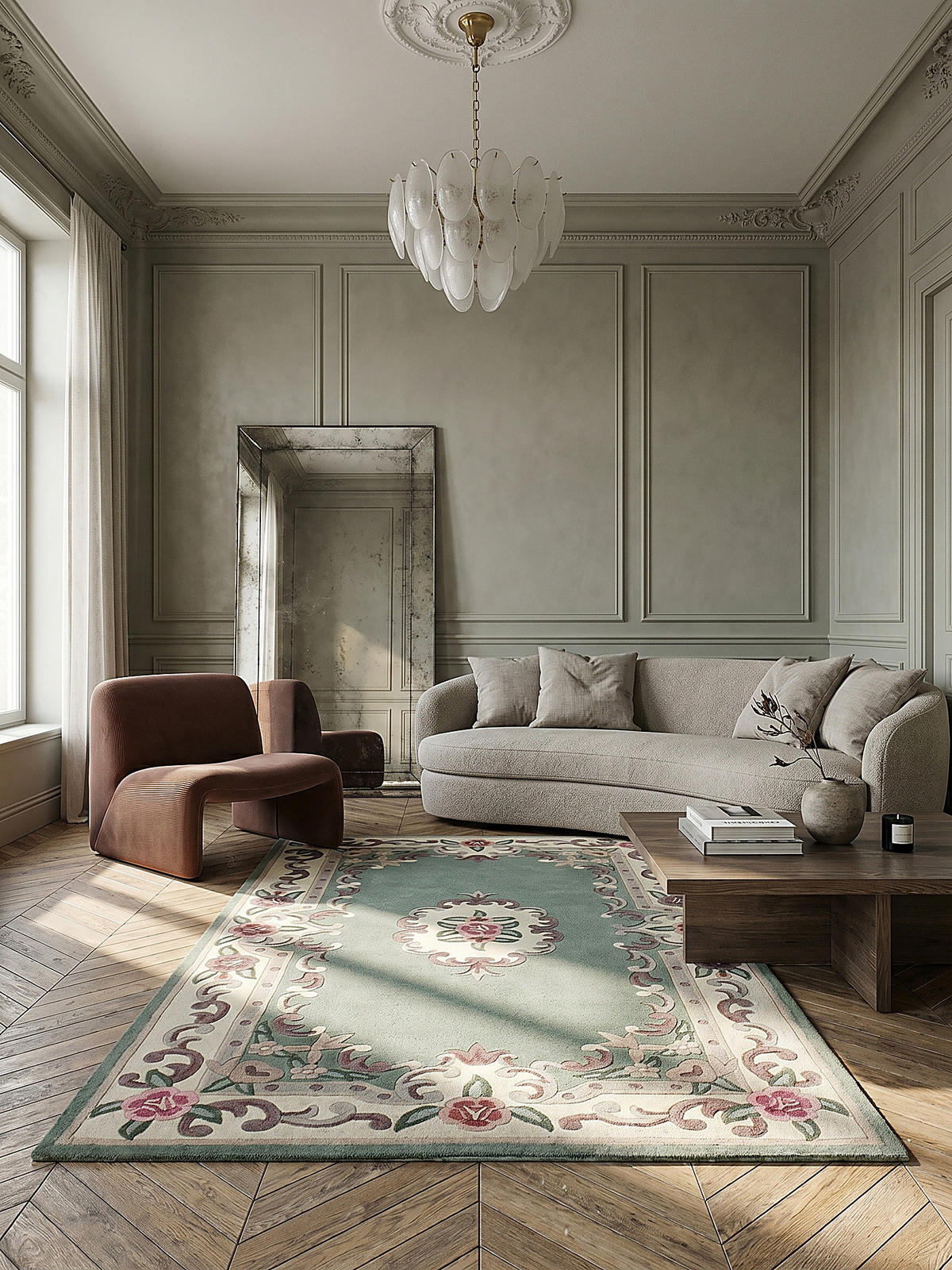 WOLLTEPPICH Aubusson-Muster handgeknüpft BEAULY, Grün-Beige 75x150 cm - Grün, Textil (150/75cm) - KADIMA DESIGN