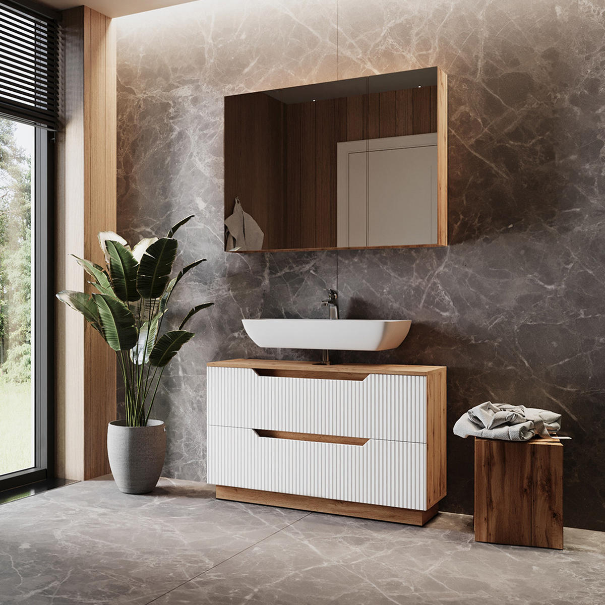 BADMÖBEL-SET Lotta Eiche/weiß gestreift 2 Teile - Eichefarben/Weiß, Holzwerkstoff (119.2/62.5/35cm) - Vicco