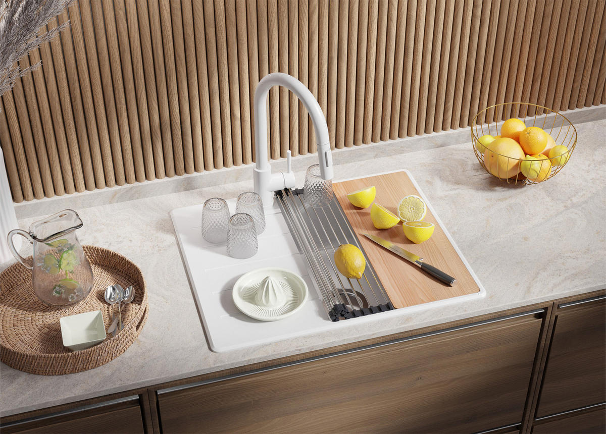 GRANITSPÜLE Kopenhagen, 2-er set Weiß 62/50 cm 1 Becken + Küchenarmatur 32/20 cm + Ablauf-Set + Schneidebrett ab 45er Unterschrank - Chromfarben/Beige, Kunststoff (62/20/50cm) - Primagran