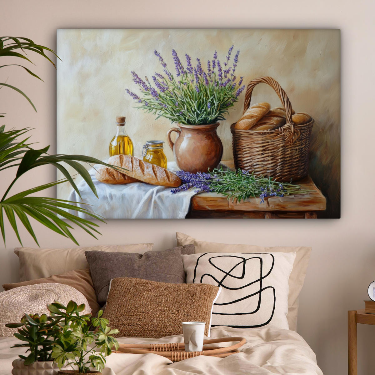 LEINWANDBILD Lavendel - Brot - Stilleben Wohnzimmer Groß 120x80 cm - Flieder, Textil (120/80cm) - MuchoWow
