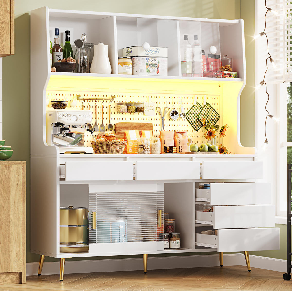 BUFFET 145/39/171 cm aus MDF und Glas mit LED-Beleuchtung und Schiebetüren Weiß - Weiß, Holzwerkstoff (145/171/39cm) - Modenvie
