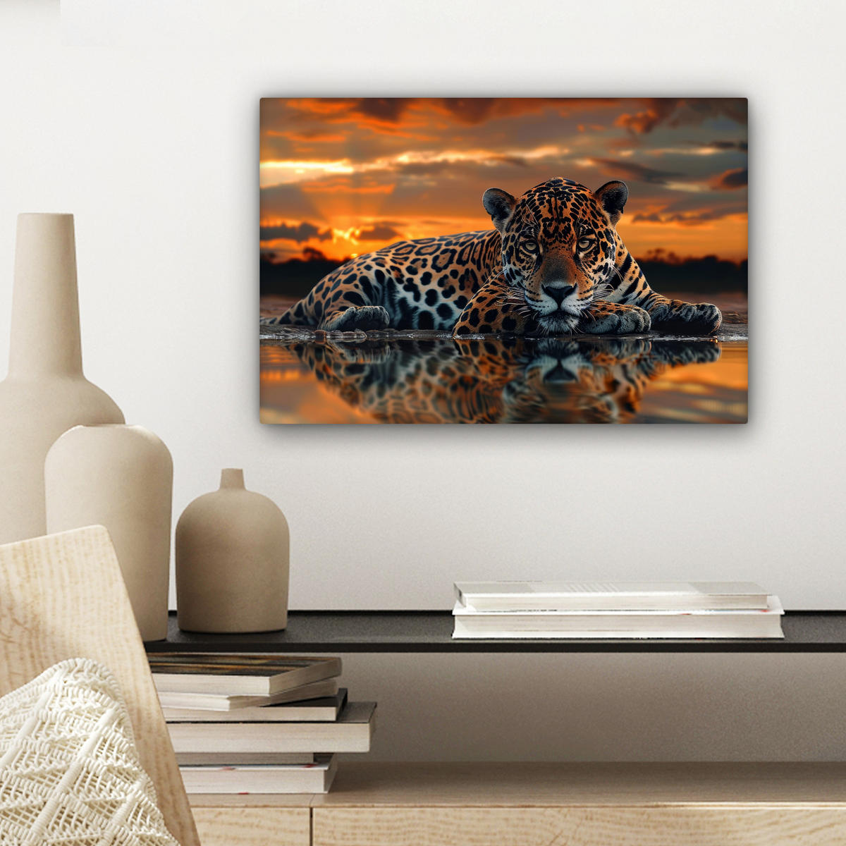 LEINWANDBILD Natur - Leopard - Tier - Sonnenuntergang - Modern Deko Schlafzimmer 30x20 cm - Orange, Textil (30/20cm) - MuchoWow