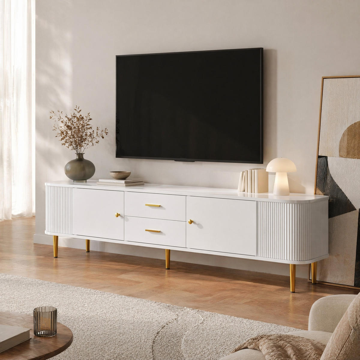 TV STOLEK bílý, zásuvky, vlnité bočnice, do obývacího pokoje, 170×34×45 cm - bílá/zlatá, kov/kompozitní dřevo (170/45/34cm) - STILVORA