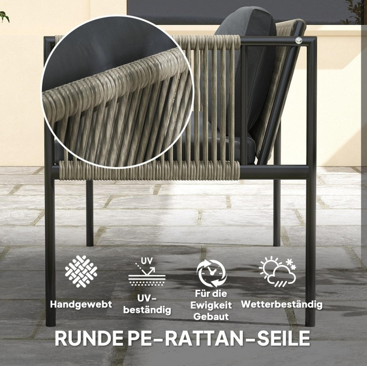 GARTENMÖBEL-SET 4-tlg. mit Sofa, 2 Sesseln und Tisch Rattan Grau - Grau, Metall - Beauniv