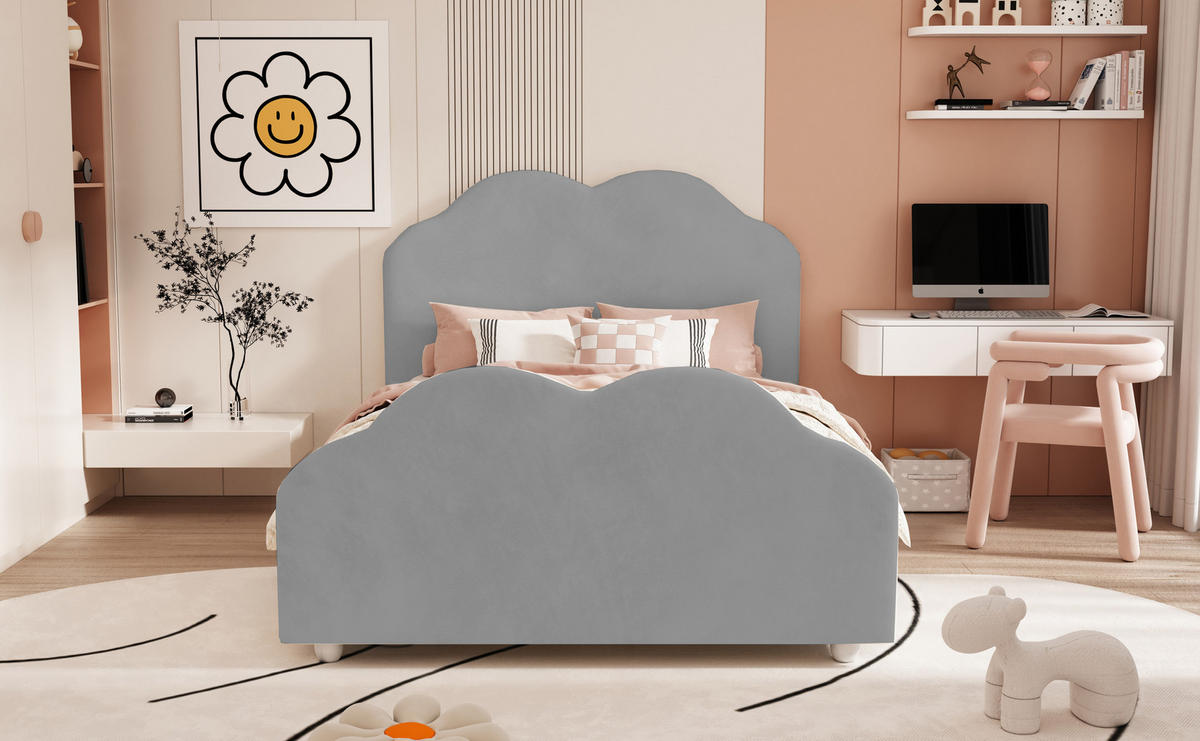 KINDERBETT 90x200 cm Samt grau - Grau, Textil (90/200cm) - LEBENLANG