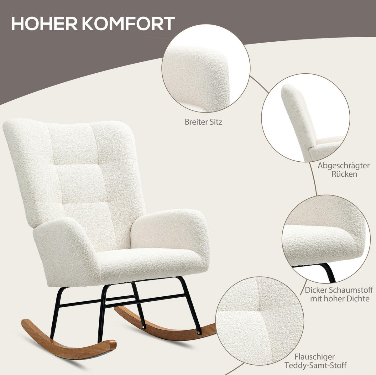 SCHAUKELSTUHL 94/70/100 cm cremeweiß aus Lammfell-Optik mit Armlehnen - Creme, Textil (70/100/94cm) - OKWISH