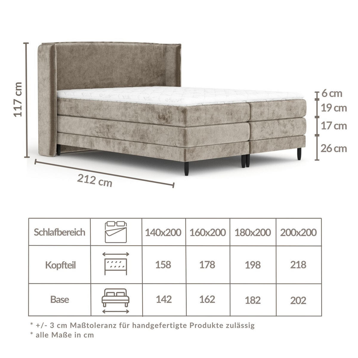BOXSPRINGBETT Carizzo Hellgrau 200/200 cm mit Matratze und Topper - Hellgrau/Schwarz, Holz/Holzwerkstoff (200/200cm) - Maison de Reve