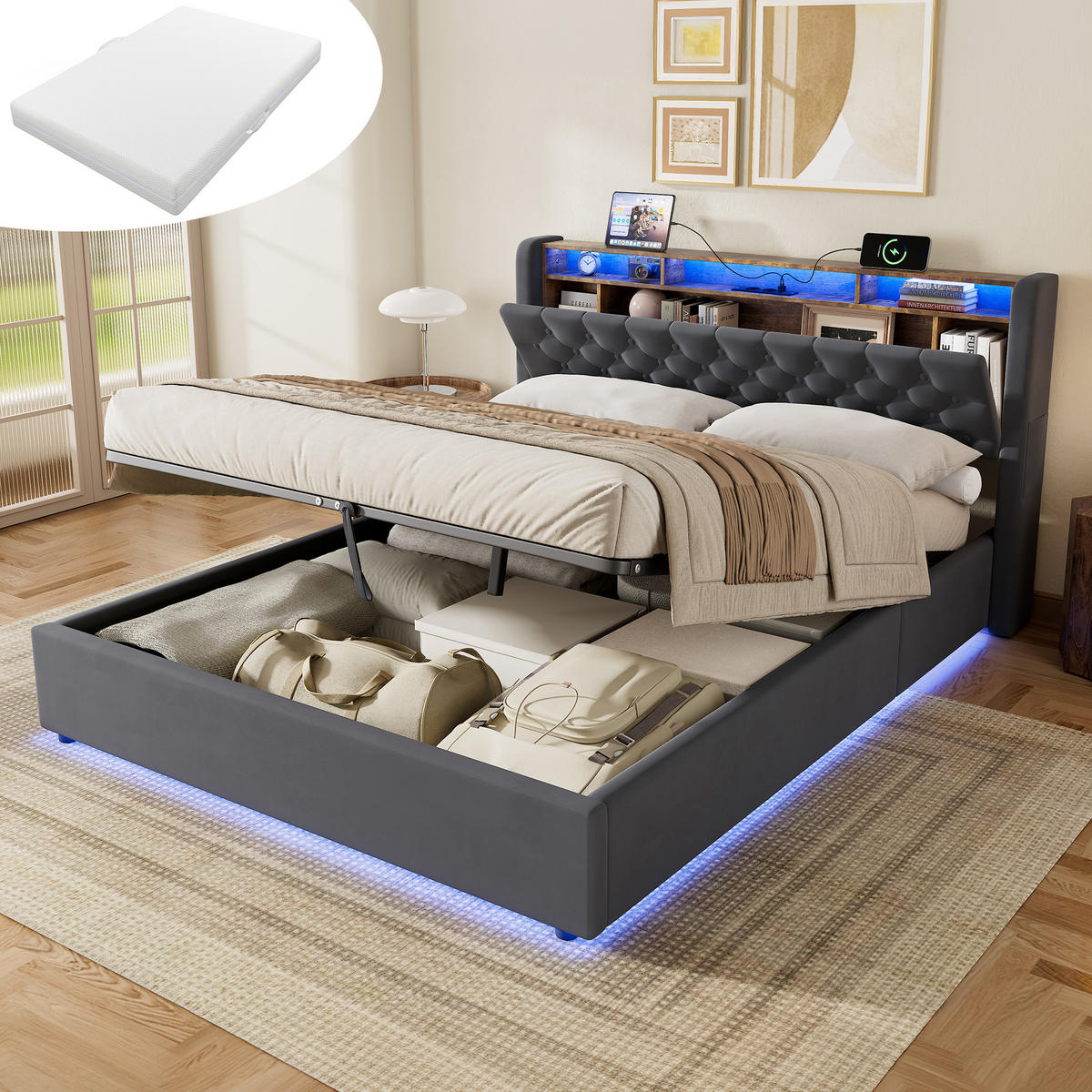 POLSTERBETT 180/200 mit Matratze und Bettkasten und Stauraumbett mit Schubladen und LED Funktionbett in Grau - Grau, Holzwerkstoff/Textil (180/200cm) - STILVORA
