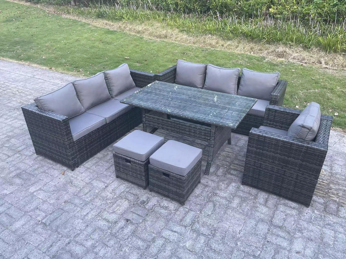 LOUNGEGARNITUR mit Hocker Polyrattan Dunkelgrau 9-Sitzer - Dunkelgrau/Grau, Glas/Kunststoff - Fimous
