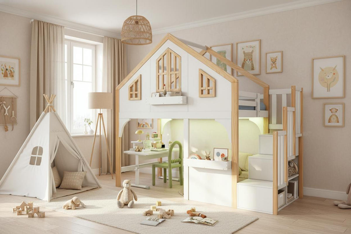 HOCHBETT 90/200 cm in Weiß & Natur mit LED, Stauraumtreppe und Fenster-Design - Weiß, Holz/Holzwerkstoff (90/200cm) - CHICFURN