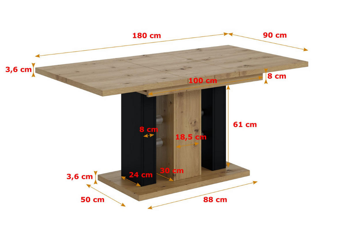 ESSTISCH ausziehbar 140 -180x90x75 cm - Artisan Eiche Optik/Schwarz - ILD - Eichefarben, Holzwerkstoff (120/90/75cm) - ALTDECOR