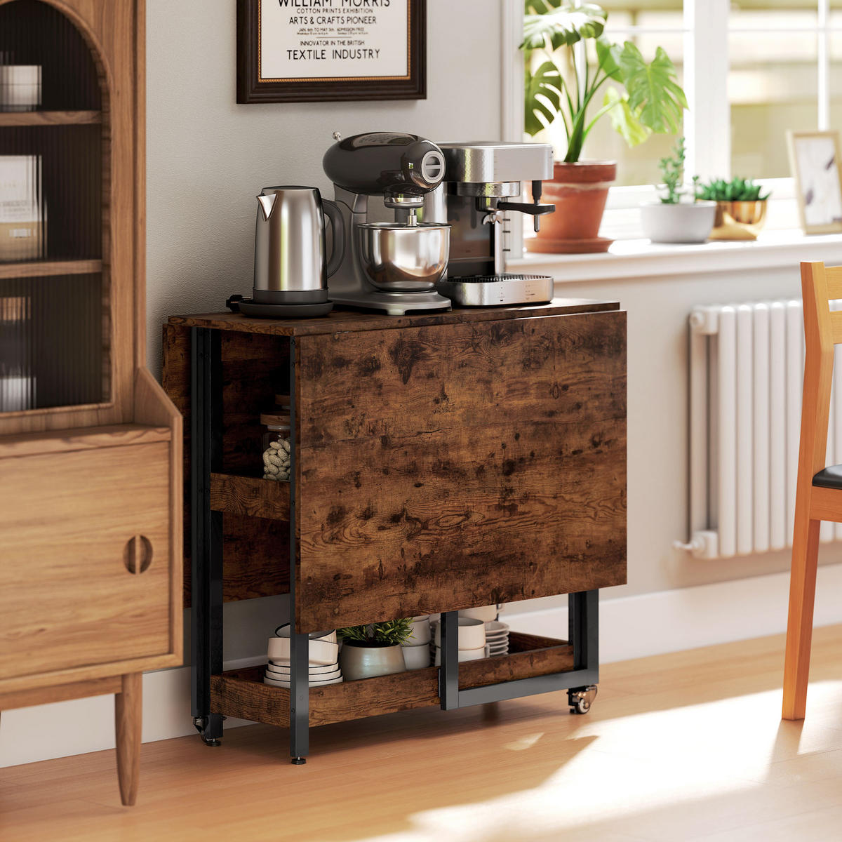 ESSTISCH Klappbar Küchentisch für 2-4 Personen mit 2 Offenen Ablagen, Rollen - Braun, Holz (133.4/80/75cm) - HOMCOM