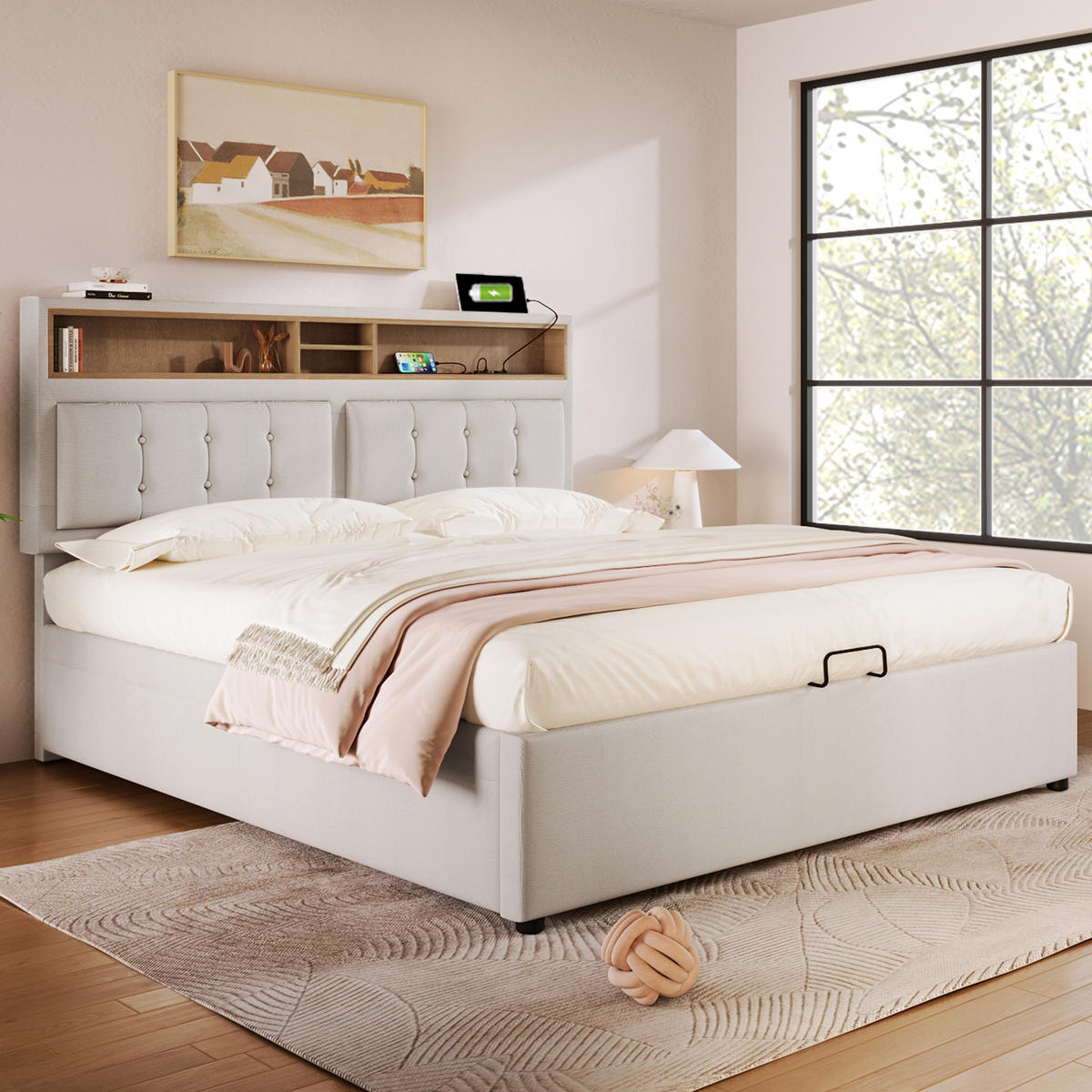 POLSTERBETT 140/200 cm Beige mit USB-Anschluss und verstellbarem Kopfteil - Beige, Textil (140/200cm) - OKWISH